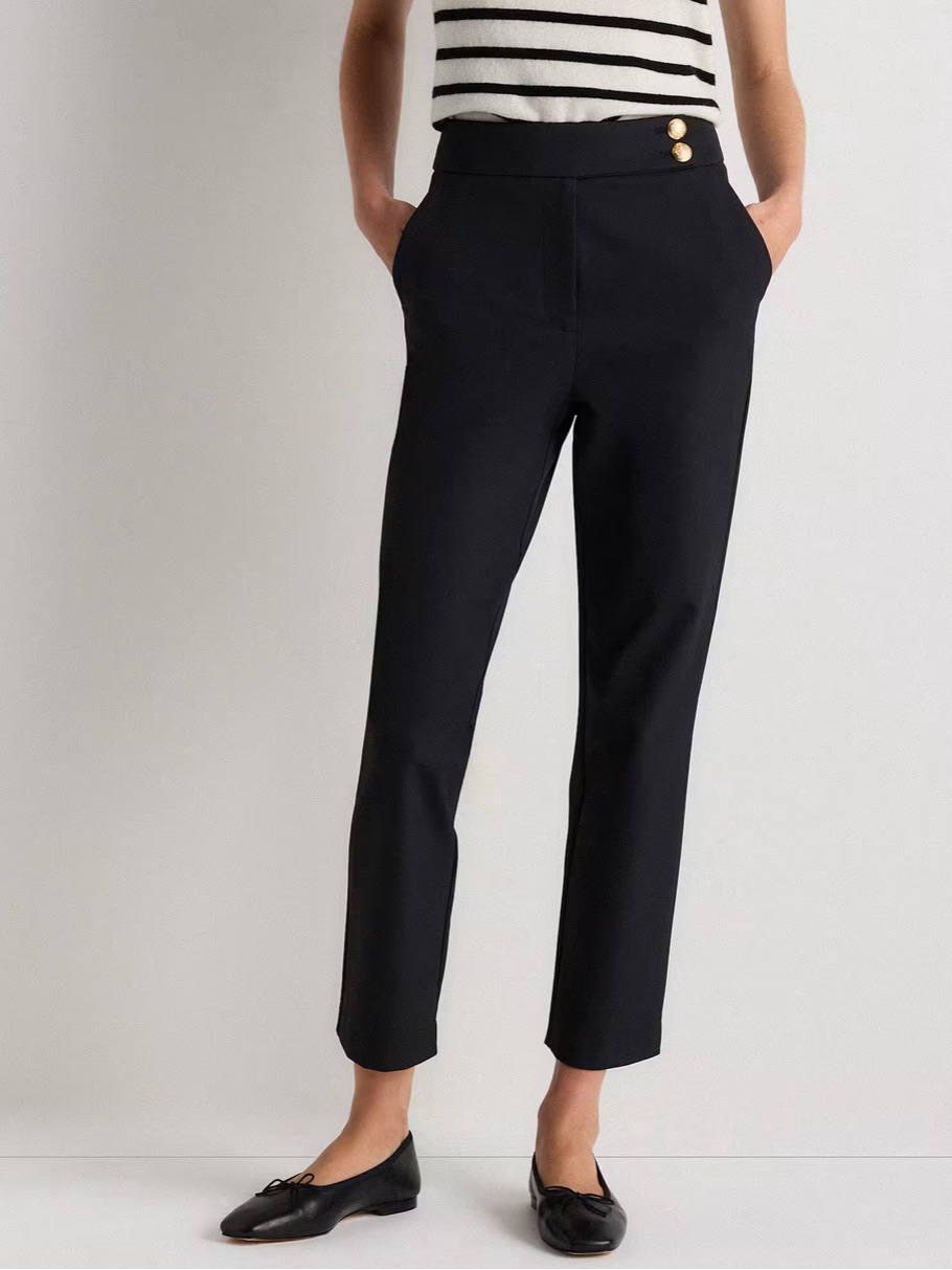 Quince Scuba Black Ankle-Length Tailored Pants With Gold Buttons